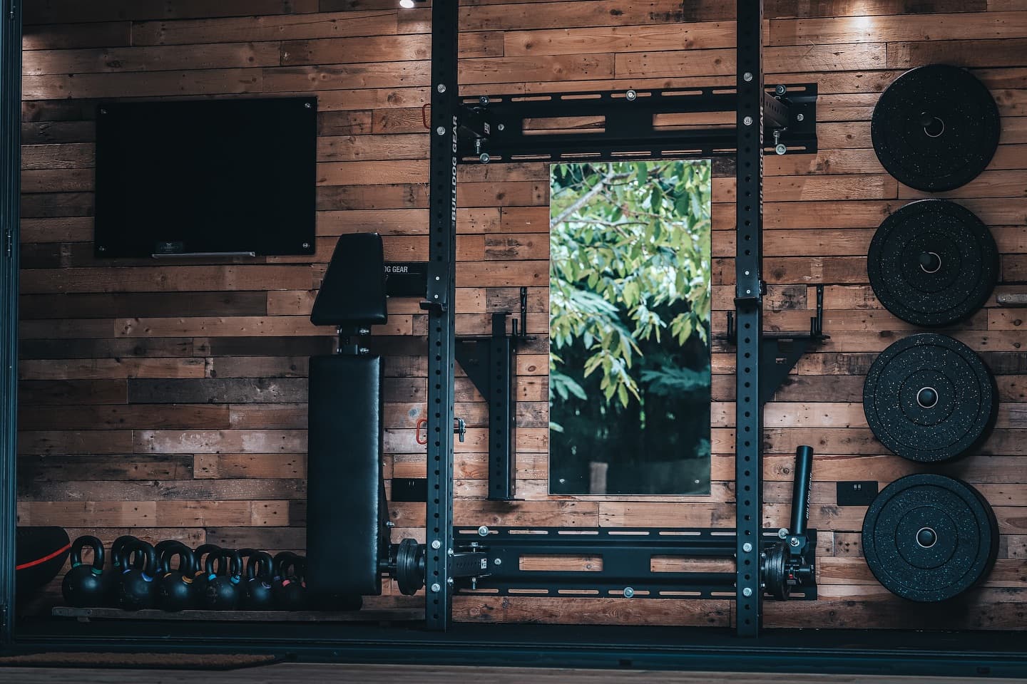 Inside the Yard Fitness studio: rig, bench, and kettlebell rack